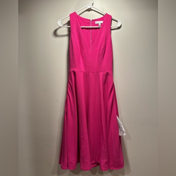 Dress The Population NWT Catalina Dress Bright Fuchsia VNeck Fit & Flare Midi S - Picture 3 of 16
